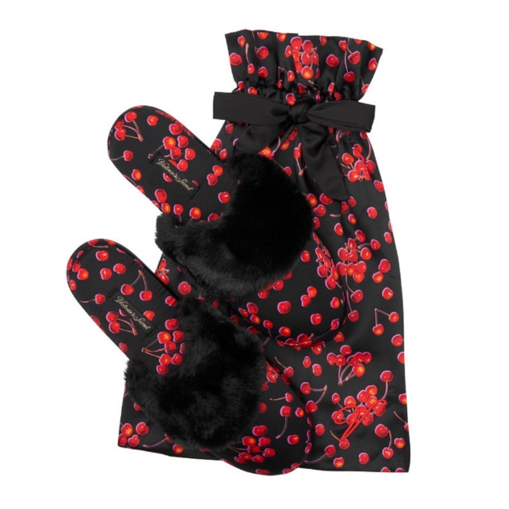 Victoria's Secret Black & Red Cherry Satin Slipper Size 9/10 Large VS